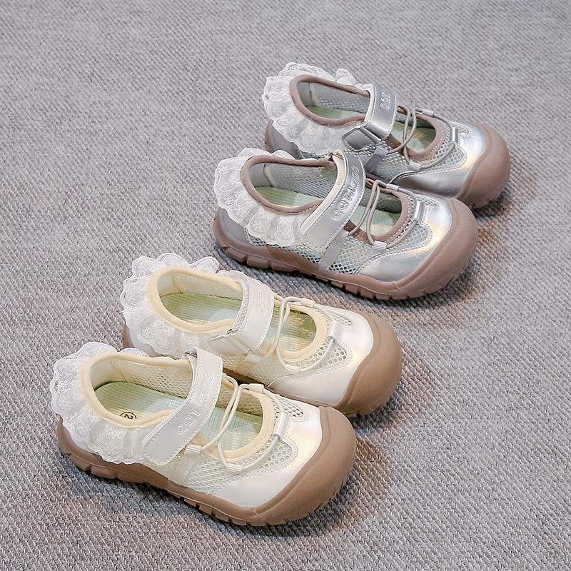 Girls Princess Shoes Lace Sweet Kids Casual Shoes Hook&loop Toes Capped 2025 New Children Flat Shoes Mesh Breathable Soft Sole