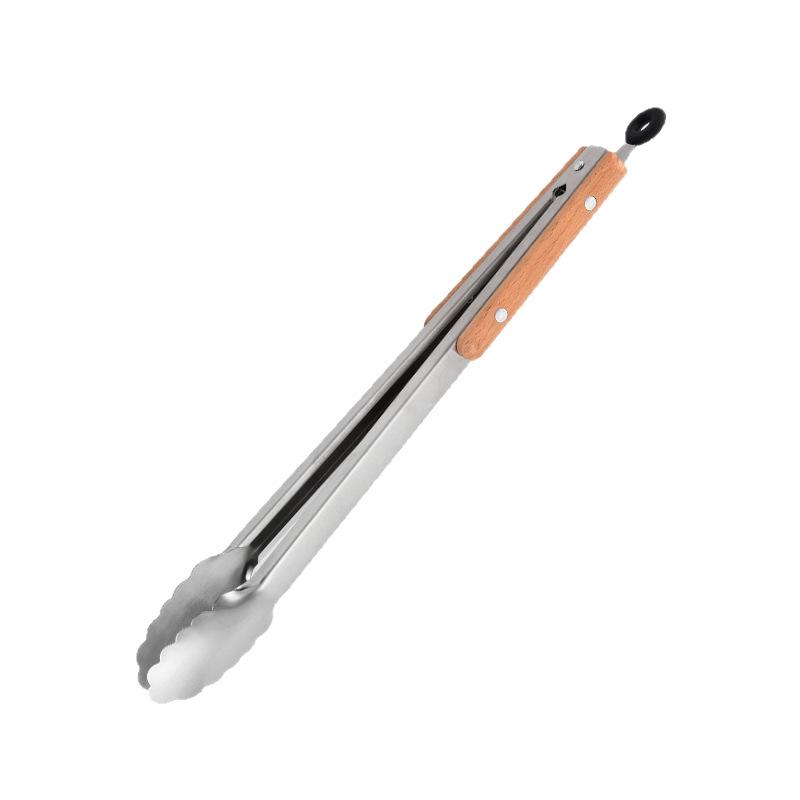 Beechwood-Handled Stainless Steel Food Tongs for Grilling and Serving Steak, Bread, and Cooked Meats.