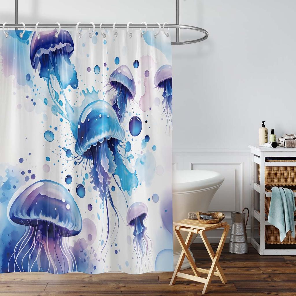 1PC Watercolor jellyfish pattern printed shower curtain, waterproof, with 12 hooks, bathroom showers, bathtub, home use