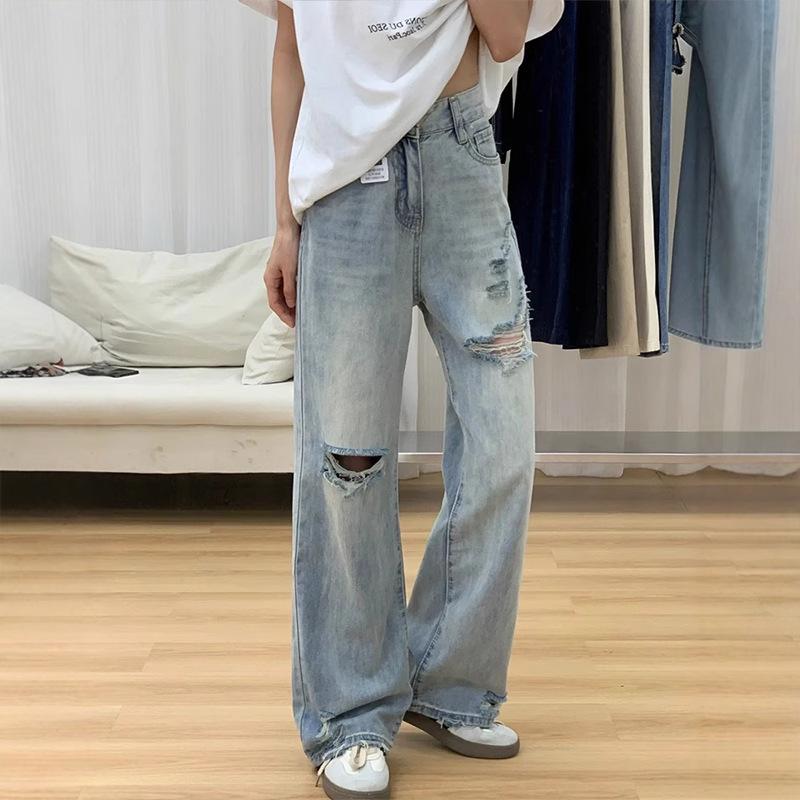 

New Women s Summer 2025 High Waist Ripped Jeans with Wide Leg and Straight Narrow Fit for Petite Figures L синій