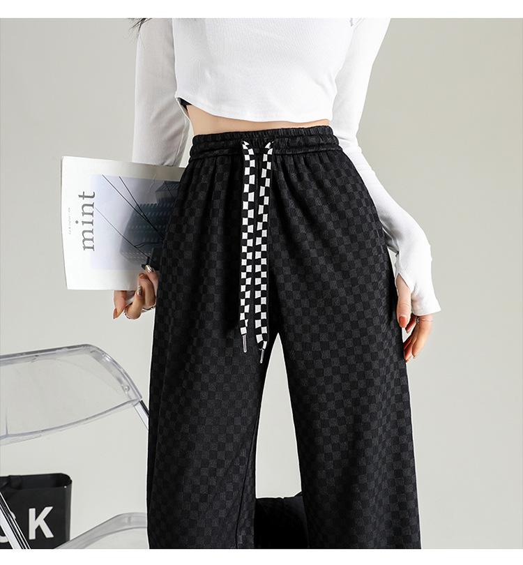 Checkered Ice Silk Wide-Leg Pants for Women, Summer 2025: High-Waist, Floor-Length, Casual Petite Straight-Leg Design