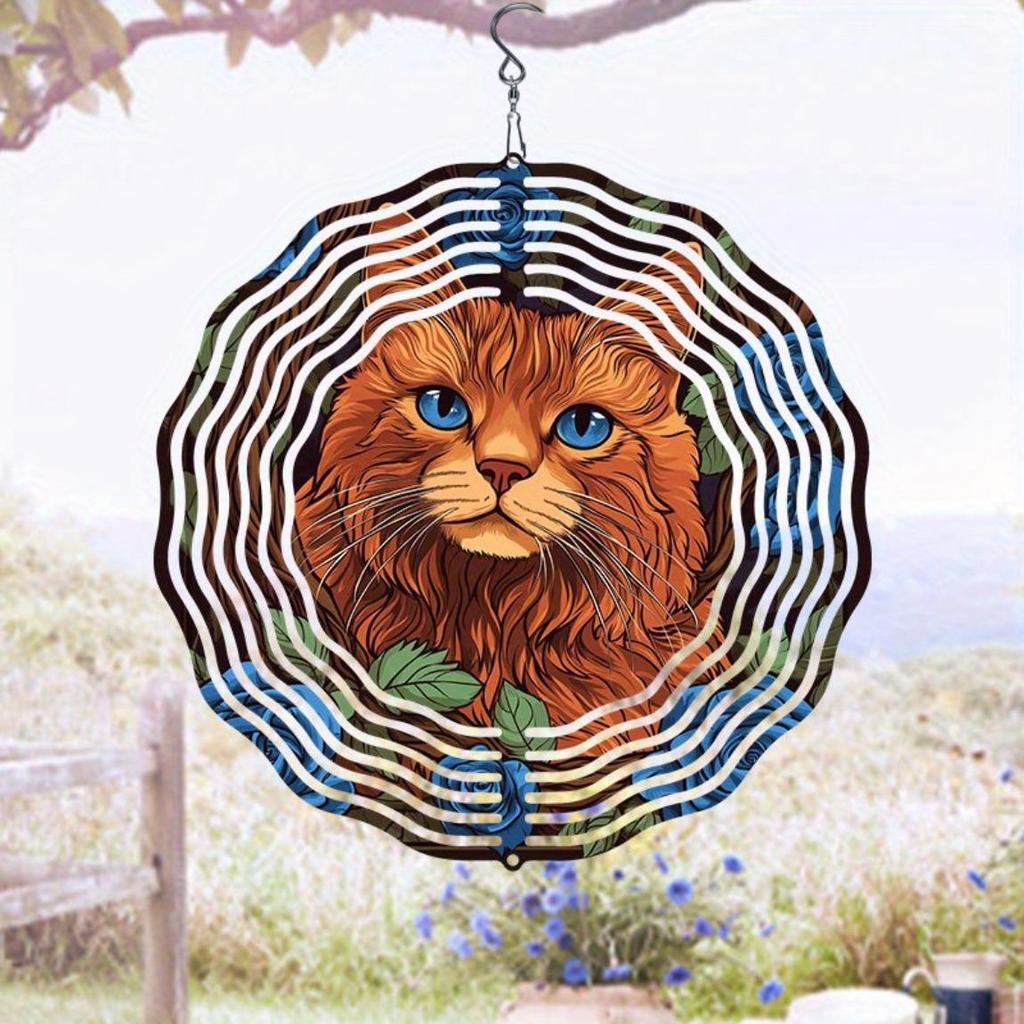 Metal Wind Chime with Rose and Cat Design Rotating Hook Weather Resistant Outdoor Garden Decor Perfect Gift for Cat Lovers