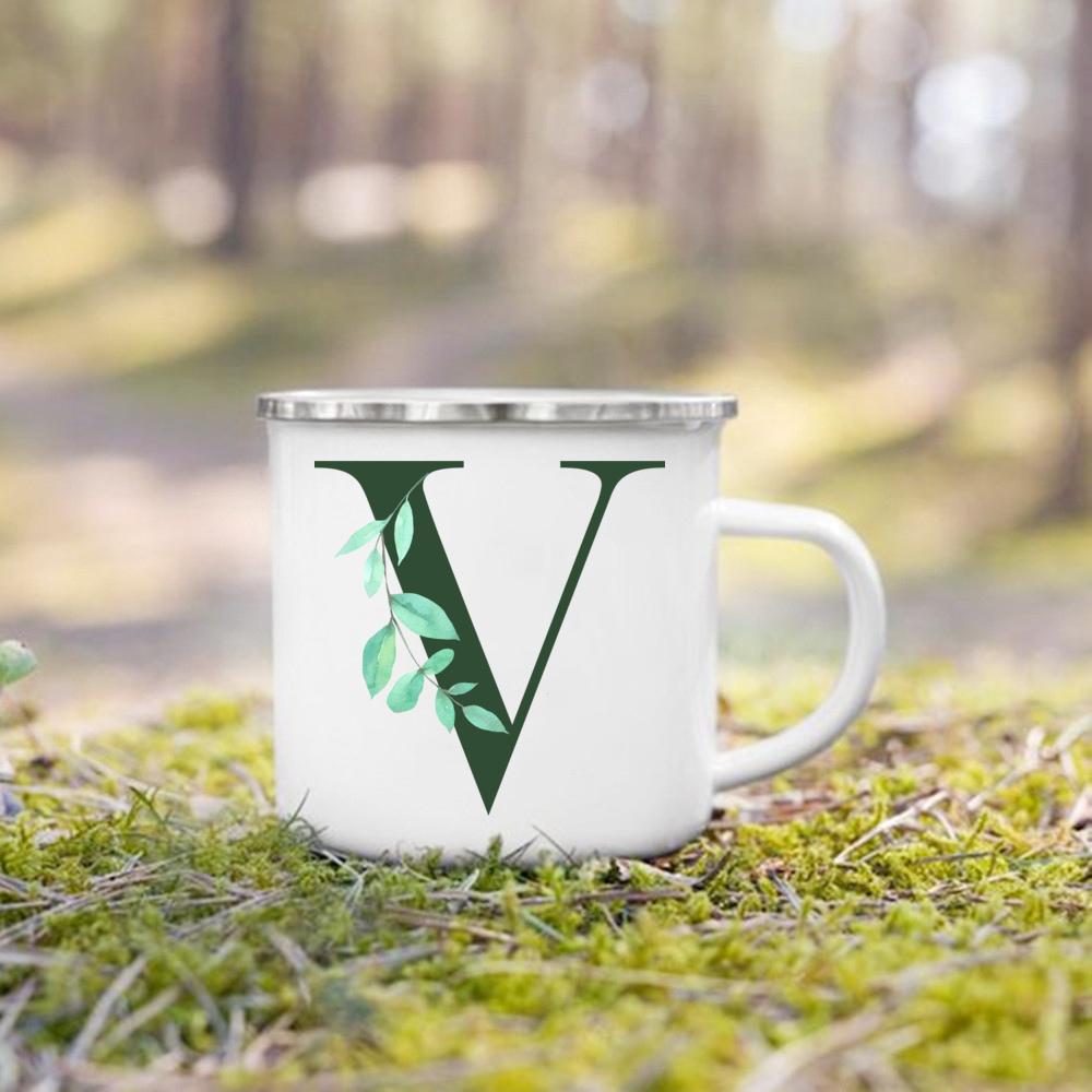 Emaille-Tasse mit Henkel, Aquarell, grünes Blatt mit Alphabet, Tasse, personalisierte Geschenke, Kaffee-Reisebecher, Bierbecher für Kaffee- und Teetassen