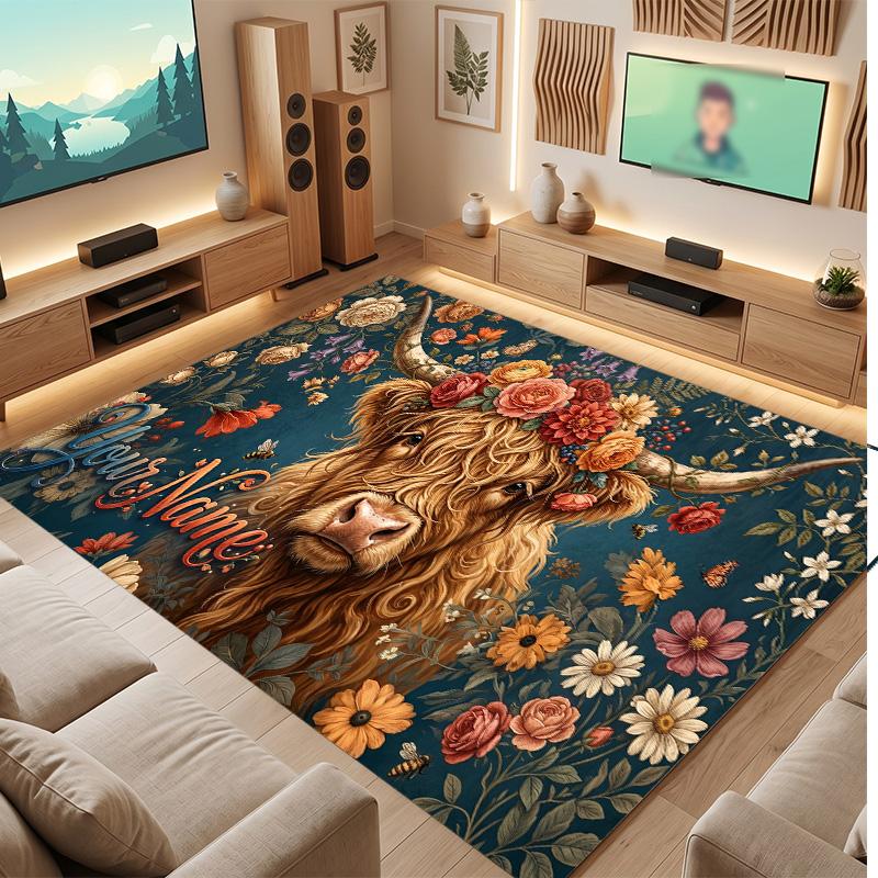 Highland Cow Theme Soft Crystal Velvet Rug Custom Name & Text Print Non Slip Floor Rug for Bedroom Living Room
