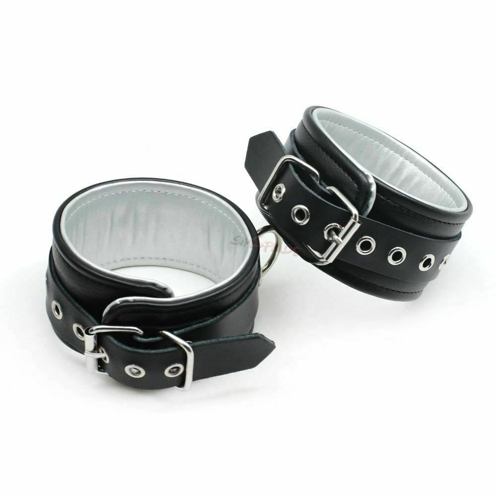 Black Silver Leather Wrist Handcuffs Restraints Cuffs & Shackles