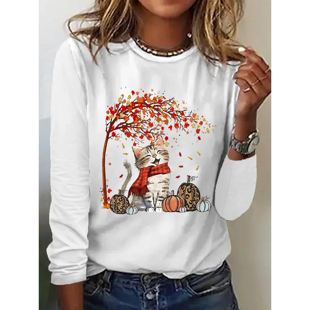 Fun Cat Print Top with Retro Artistic Style Round Neck Long Sleeved Women's T-shirts