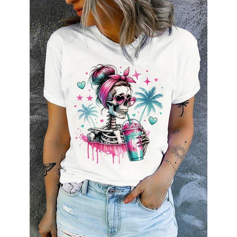 

European Size Halloween Coconut Tree Skull Head Breathable Printed Round Neck T-Shirt Casual Shirt New Women S Holiday Costume Top 4XL