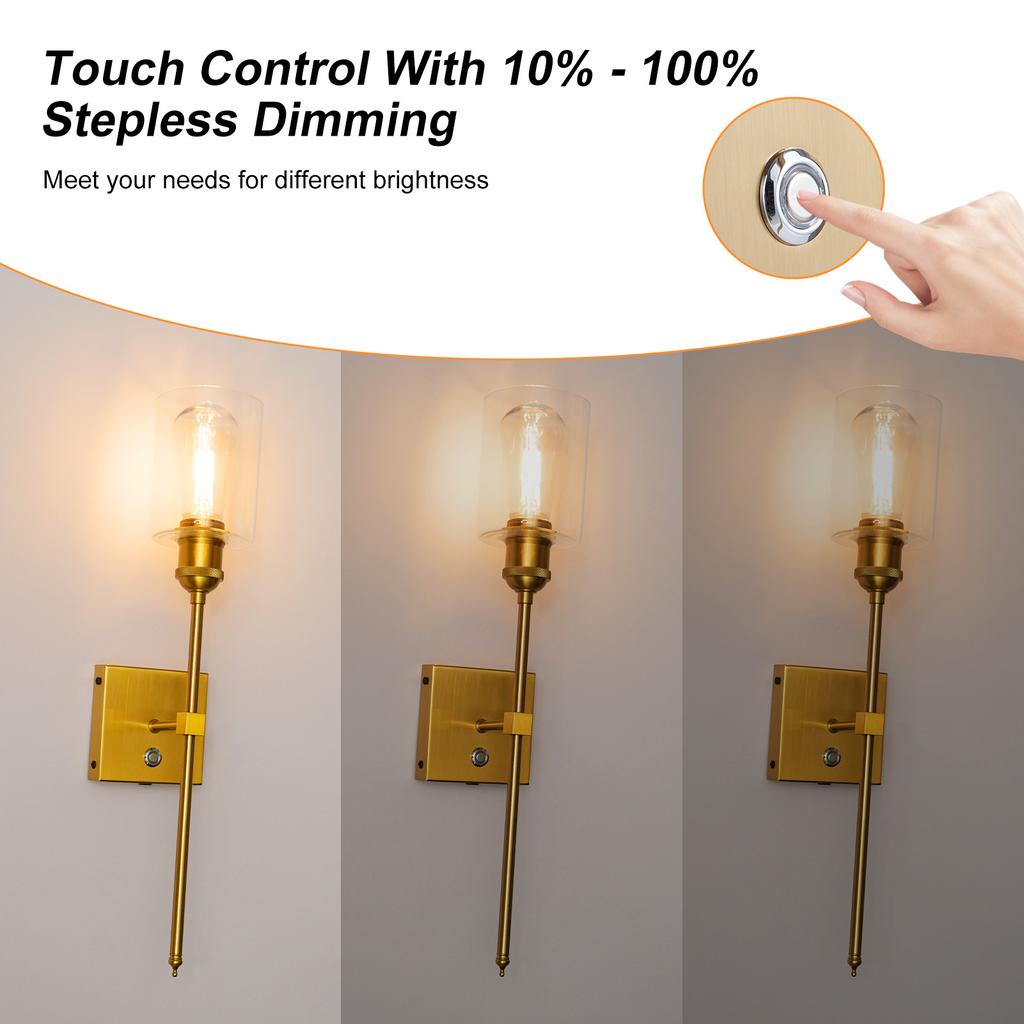 Luxury Gold Wall Light Touch Control Dimmable LED Wall Sconce Rechargeable Wall Lamp with 3000K