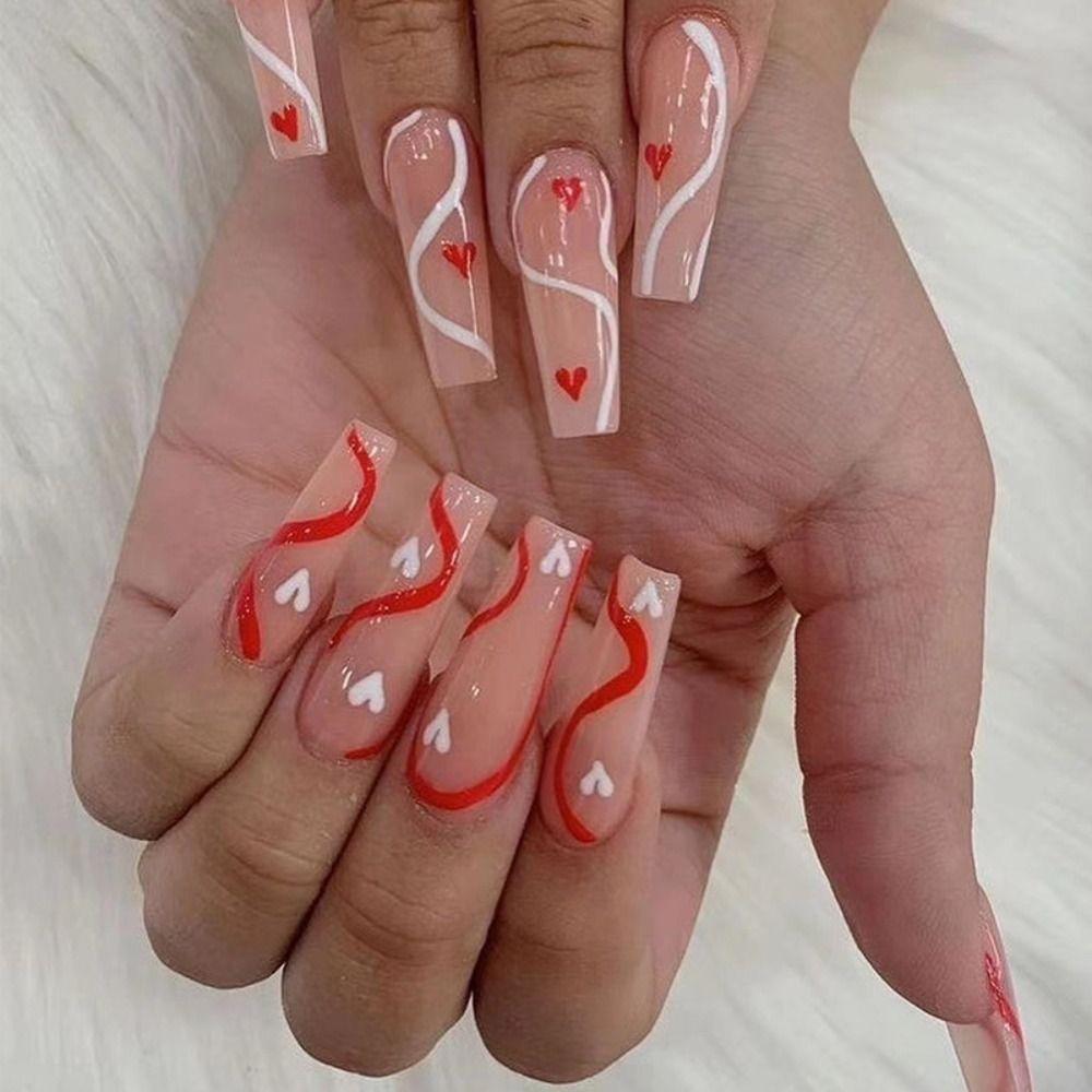 

24pcs False Nails Ballerina Almond Valentine s Day Fake Nails French Love Heart