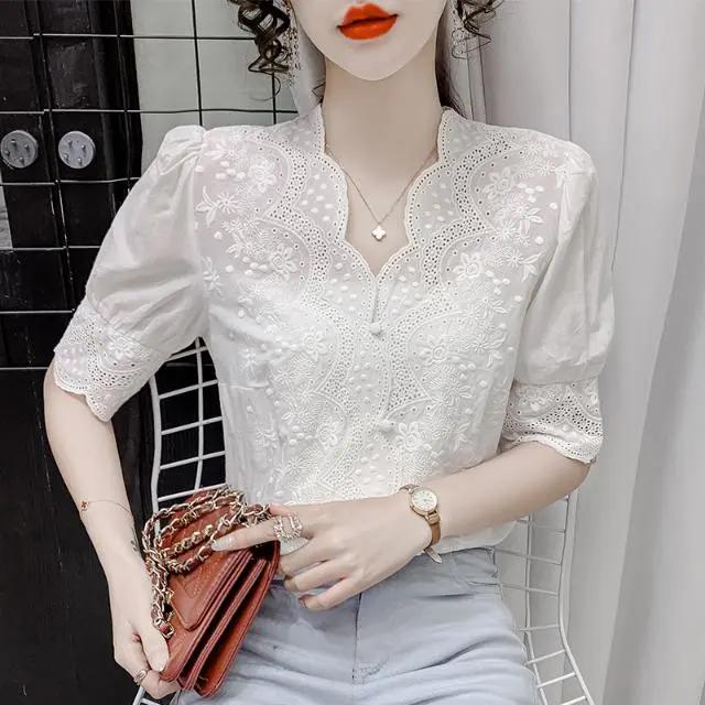 Shirt Women's Summer Clothes Korean Version of The V-neck Design Sense of Temperament Fashion All-match Loose Top