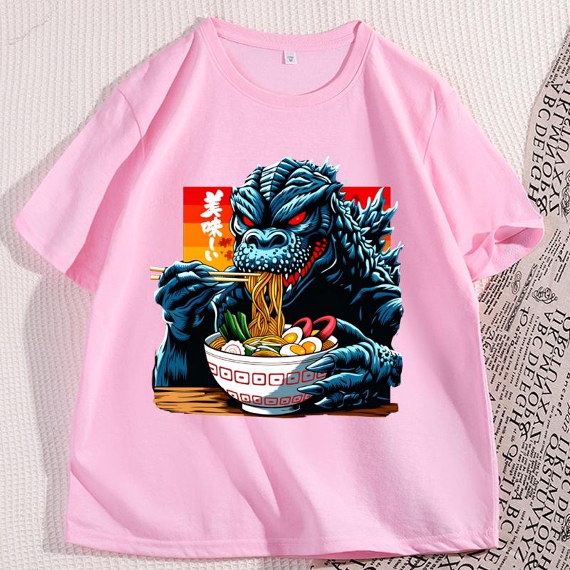Funny Kaiju Eating Ramen Tshirt Japanese Monster Noodle Design T Shirt Anime Food Printed Tshirt Men Women Short Sleeve Tees