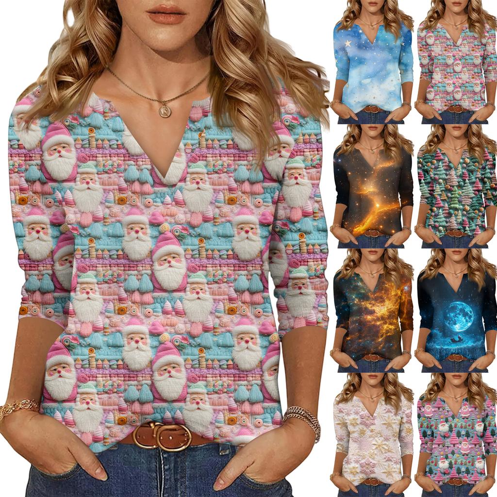 Women's Casual Fashionable Sexy Comfortable V-Neck Christmas Three-Quarter Sleeve Top