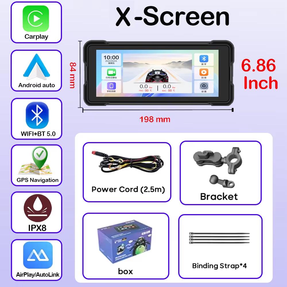 6.86 Inch Portable GPS Navigation Motorcycle Waterproof Display Moto Wireless Carplay Android Auto Dual DVR Monitor Dash Cam