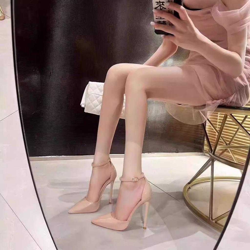 Pointed head shallow mouth stiletto high heels summer new fashion versatile temperament one word buckle belt hollow sandals women