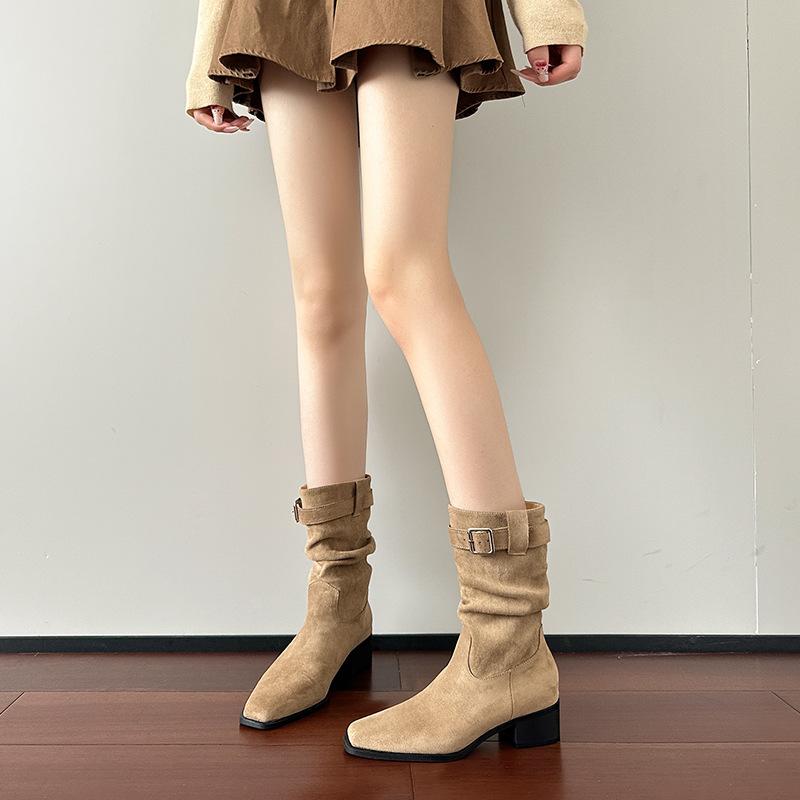 Autumn and winter new retro suede short boots women's western cowboy boots women's thick heel and short tube stacking boots