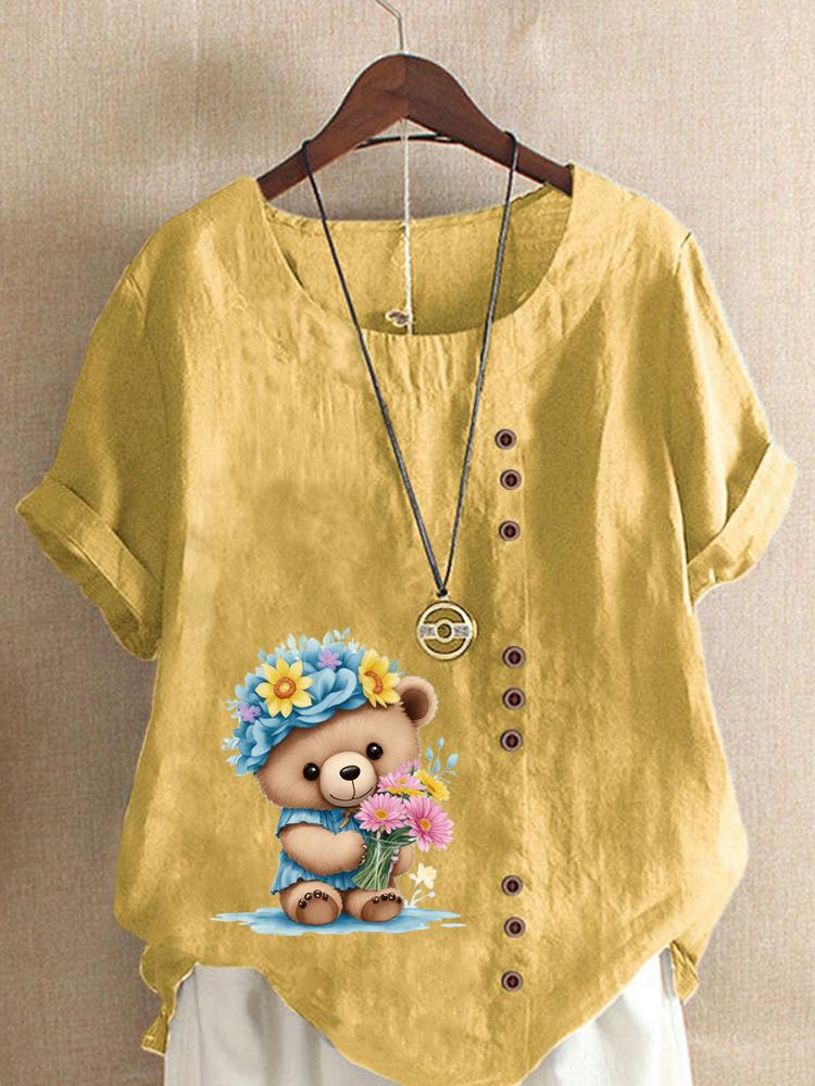 Women's Fashion Flower Bear Print Casual Cotton Linen Short Sleeve Round Neck T-shirt Shirt Leisure Loose Summer Blouse Tops