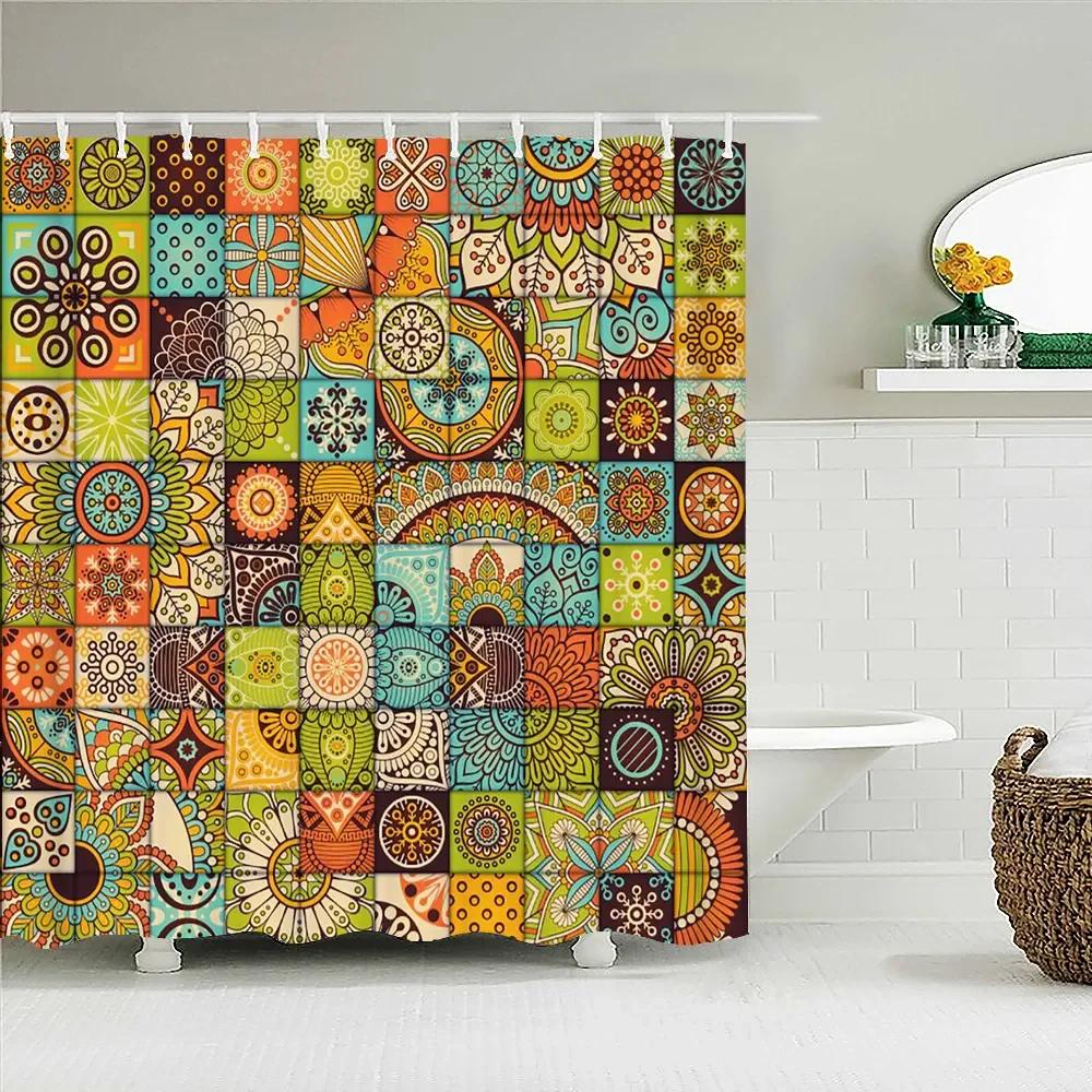 Bohemian 3D Shower Curtain, Indian Mandala Flower Green Blue Chic Color Modern Pattern Bathroom Fabric Home Decor Shower Curtain