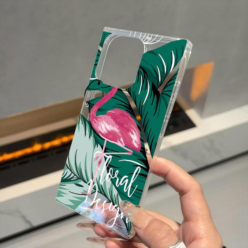Clear Square Back Tube Case Protection For iPhone 13 15 Plus 16 ProMax 12 14 Pro Max 11 Anti-Oxygen,Red Flower Flamingo Pattern Casing