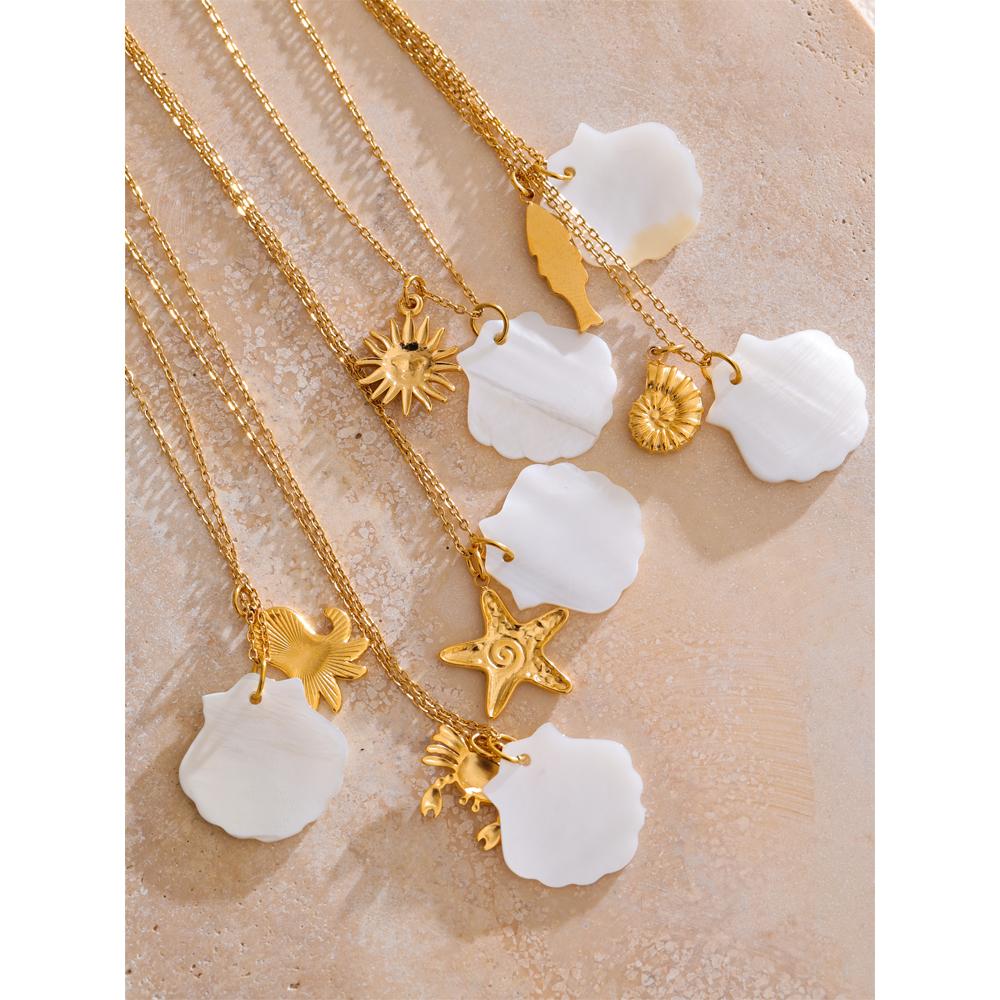 Yhpup Summer Ocean Style Shell Starfish Conch Pendant Necklace 18K Gold Color Plated Waterproof Charm Jewelry Gift