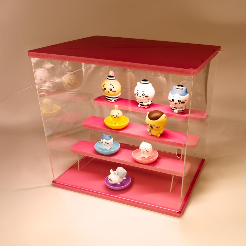 Large 4-Tier LED Downlight Acrylic Collection Case, Black, Capsule Toy Figure Light-Up Display, 3-Color Switching