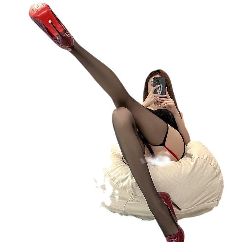 Fun Contrasting Color Red Edge Long Tube Open Stockings Sexy Over the Knee Beautiful Legs Temptation Dancing Suspender Integrated Socks Women