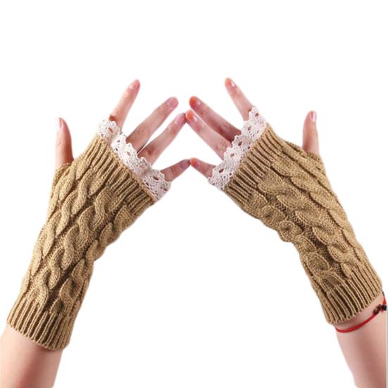 Winter Women Fashion Lace Trims Fingerless Knitted Mitten Wrist Warmer Gloves
