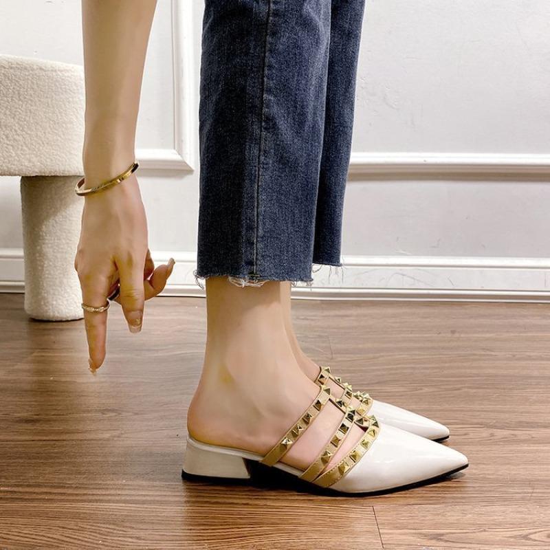 Rivet shoes, rivet cool slippers, women's summer wear flat-bottomed summer patent leather pointed head and half slippers