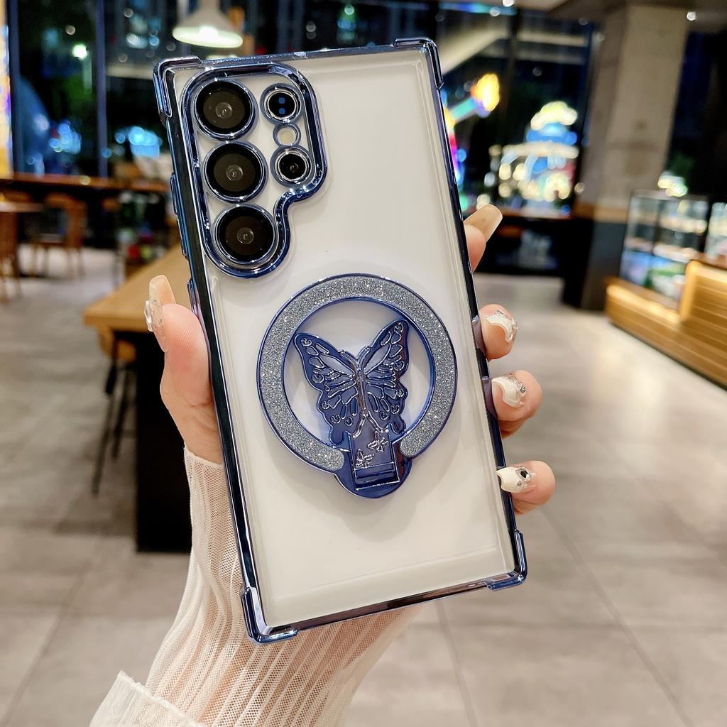 Suitable for Samsung S25 Ultra Mobile Phone Case Flash Powder Butterfly Magnetic Suction Bracket A53 Four Corner Airbag Anti Fall Protection Case
