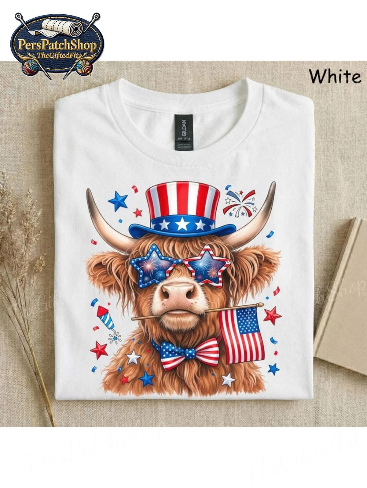 Patriotic Highland Cow T-Shirt - 4th of July Uncle Sam Cattle Graphic Tee S