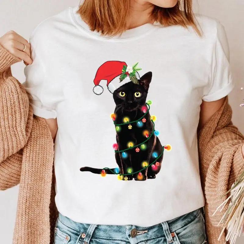Cute Snowman Christmas Happy Women's T-shirt Cartoon Pattern Printed Black T-shirt 90s Fashion Girls Christmas Gift Top