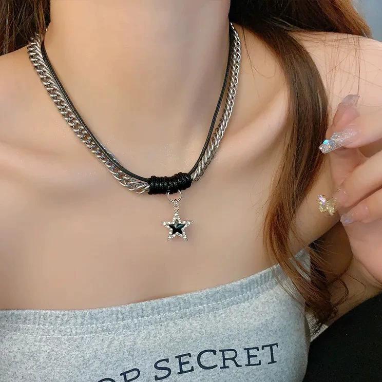 Fashion Bilayer Black Star Choker Necklace Pentagram Leather Rope Necklaces for Women Zircon Asterism Spice Girls Clavicle Chain