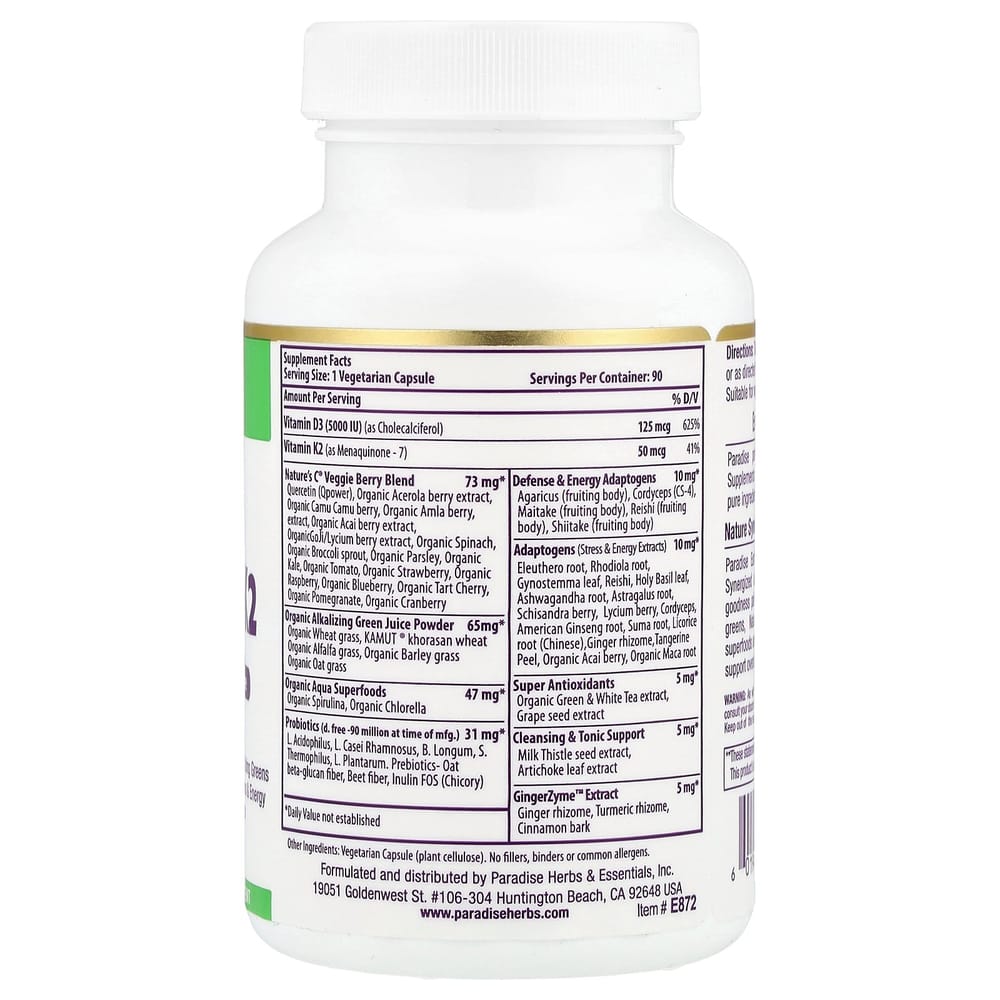Paradise Herbs Earth's Blend Vitamin D3 + K2 5000IU Veggie Capsules 90 Count