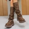 Fashion Fall Winter 2025 Fashion Pleated Knight Boots Buckle Strap Decor PU Leather Mid Calf Botas Mujer Chunky Platform Western Boots