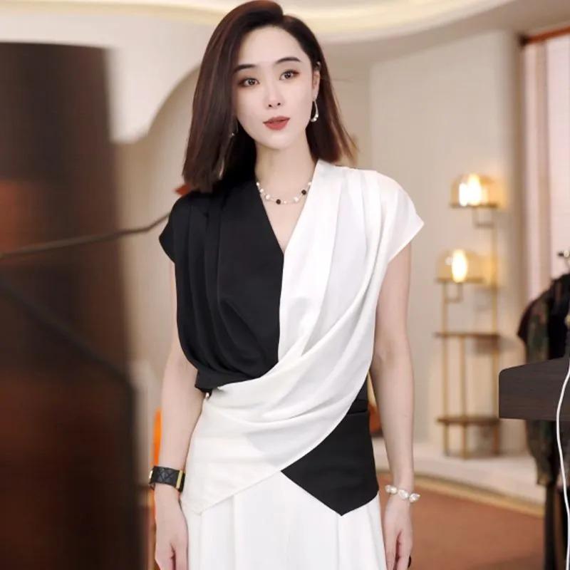Light Luxury Style Design Color Block V-neck Shirt for Women Summer Thin Elegant Unique Unique Beautiful Top Trend