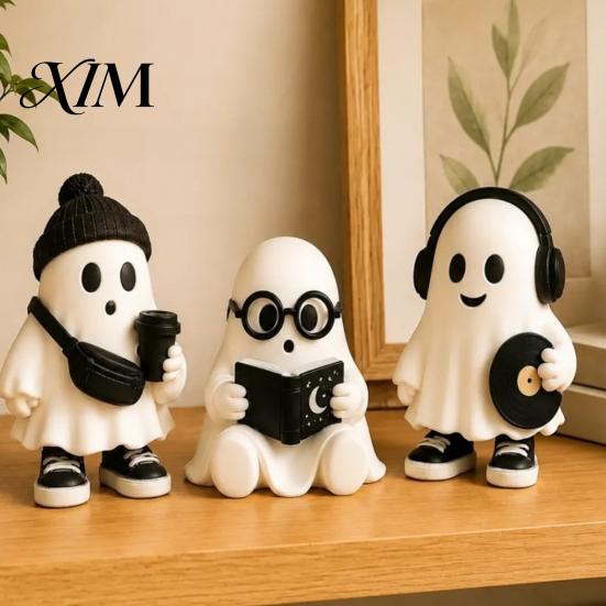 Vielseitige tägliche und Urlaubs-Wohnaccessoires Halloween Geisterfigur, Harz Cartoon Schreibtischornamente, Niedliche Statue Schwarz Weiß Ästhetische Raumdekoration