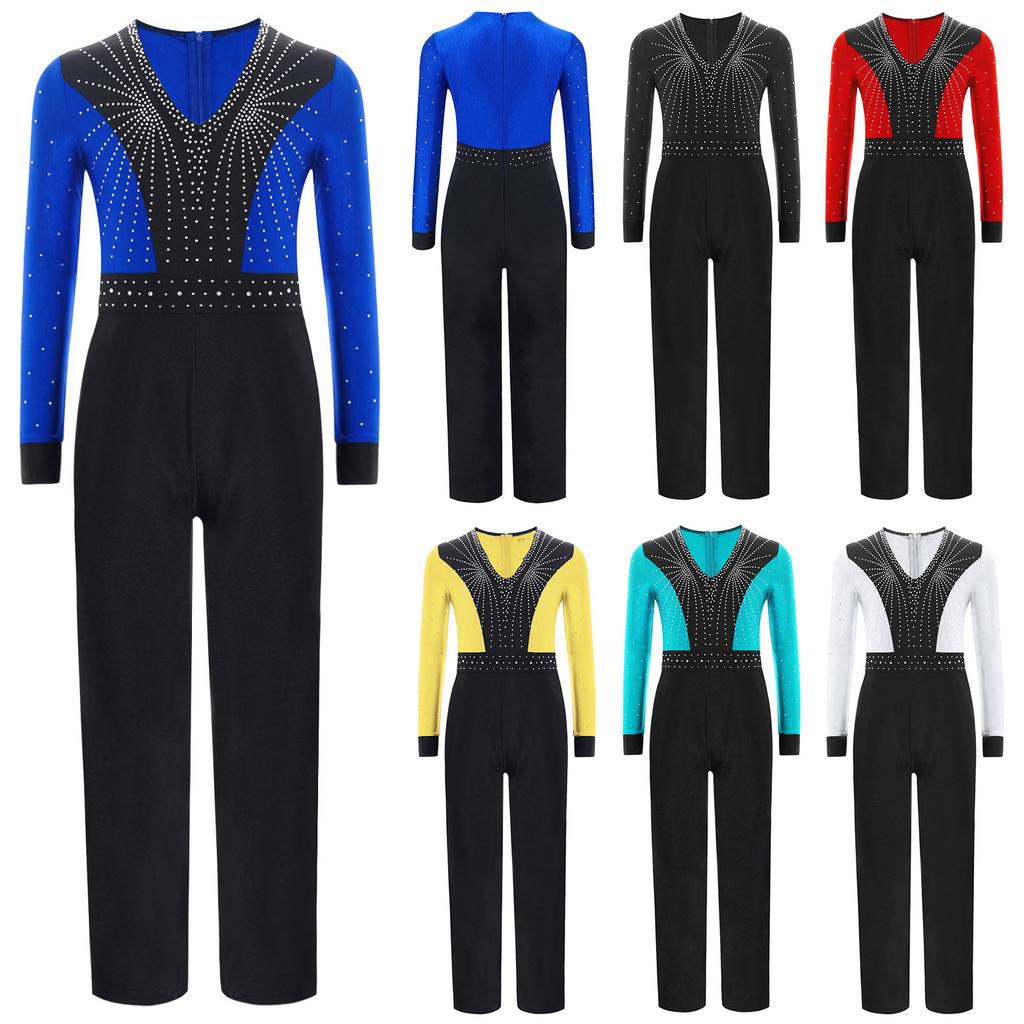 Boys Latin Dance Jumpsuit Color Block Design V Neck Long Sleeve Full Body Leotard Skating Performance Costume