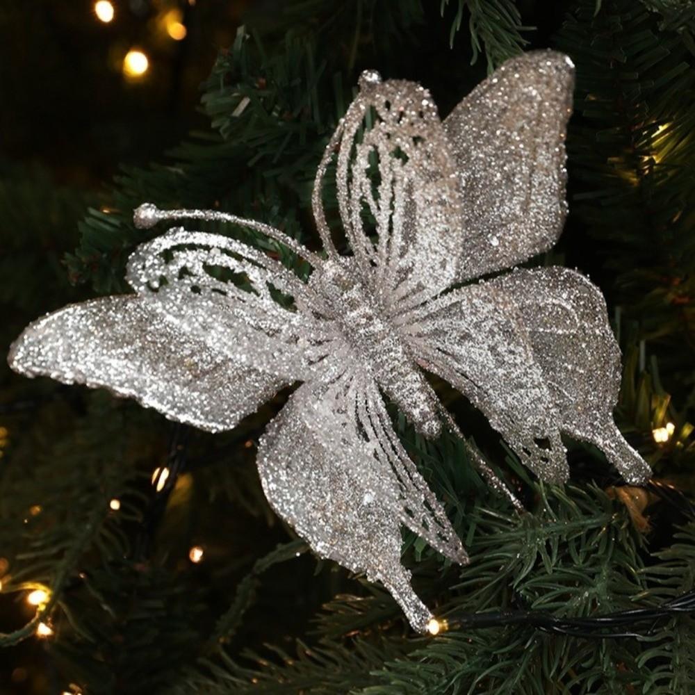 Glitzer-Schmetterling Weihnachtsblume Simulierter Exquisiter Künstlicher Schmetterling Clip Beflockte Pailletten Weihnachtsbaumdekoration