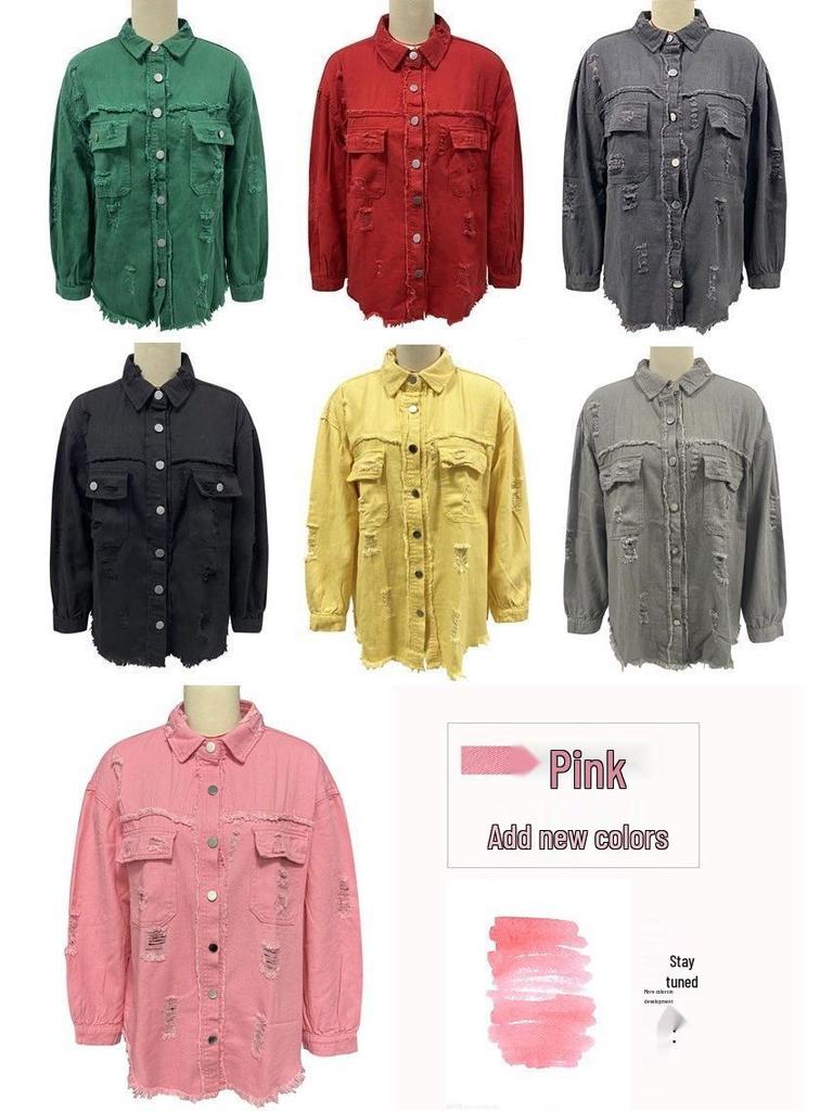 Women's Solid Color Ripped Denim Shirt - Long Sleeve, Loose Fit Bestseller