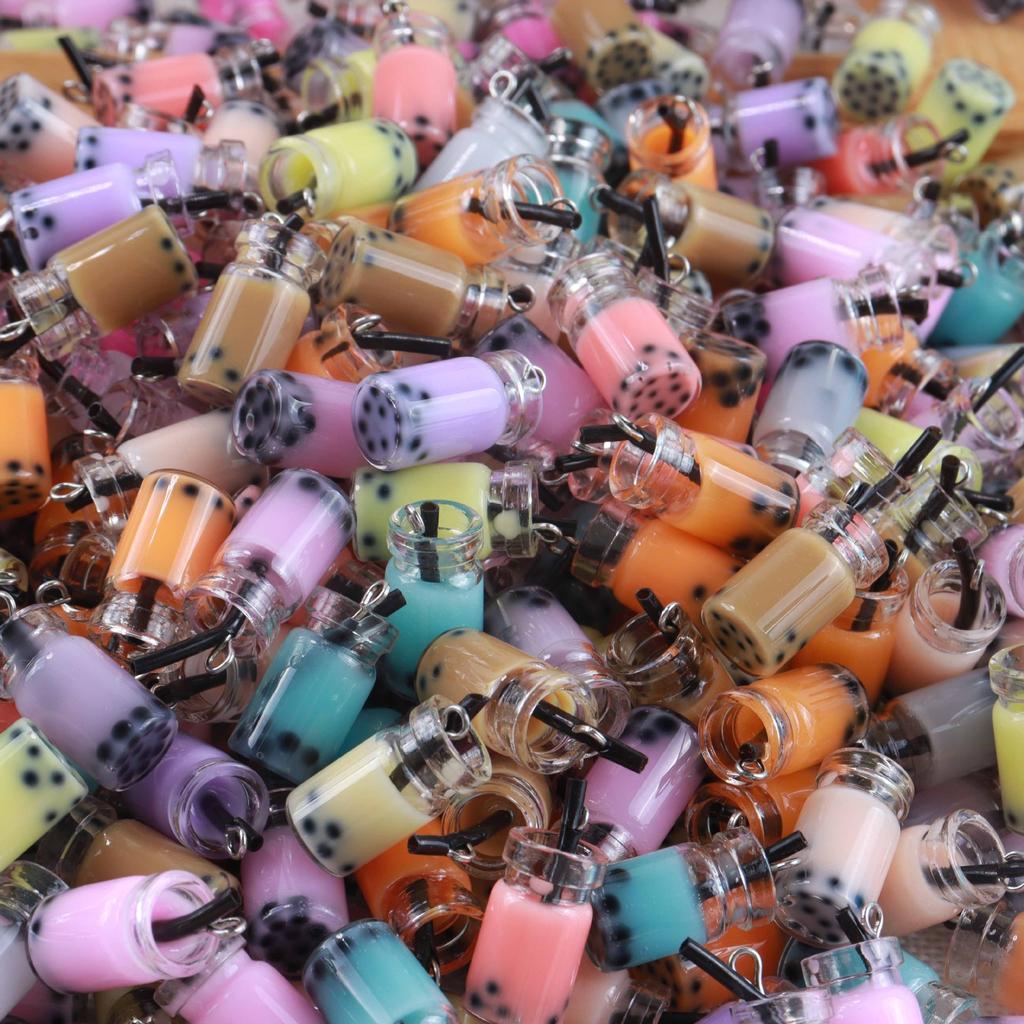 10pcs Transparent Glass Pendants with Bottle Juice Drink Milk Tea Charms Pendants Diy Keychain Women Key Chain Gift Jewelry