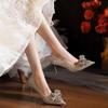 Fashion French Crystal Silver High Heels Womens 2025 New Bow Solid Shining Womens Shoes WOMEN Pointed Toe Casual Pumps
