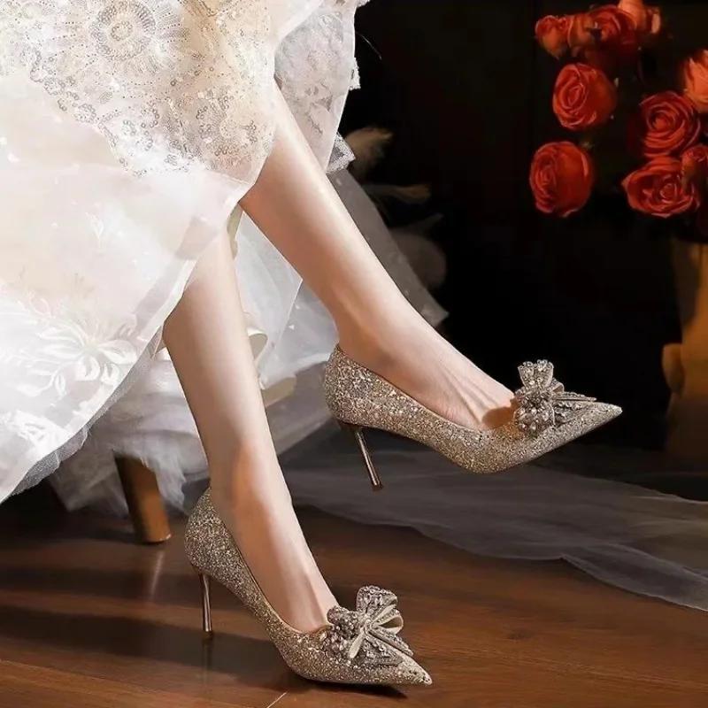 Fashion French Crystal Silver High Heels Womens 2025 New Bow Solid Shining Womens Shoes WOMEN Pointed Toe Casual Pumps
