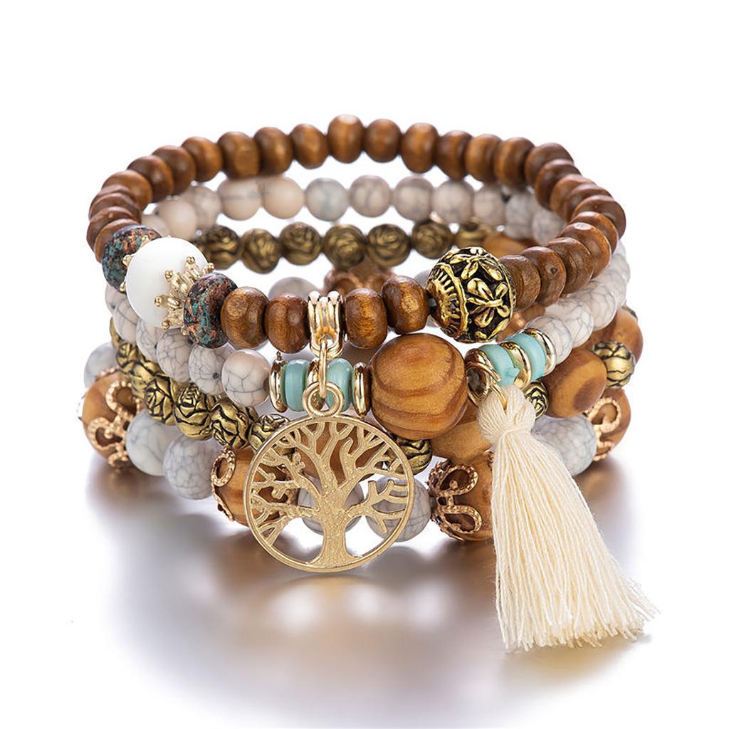 Bohemian Multi-Layer Wooden Bead Beaded Bracelet Elastic Bracelet Jewelry Fringe