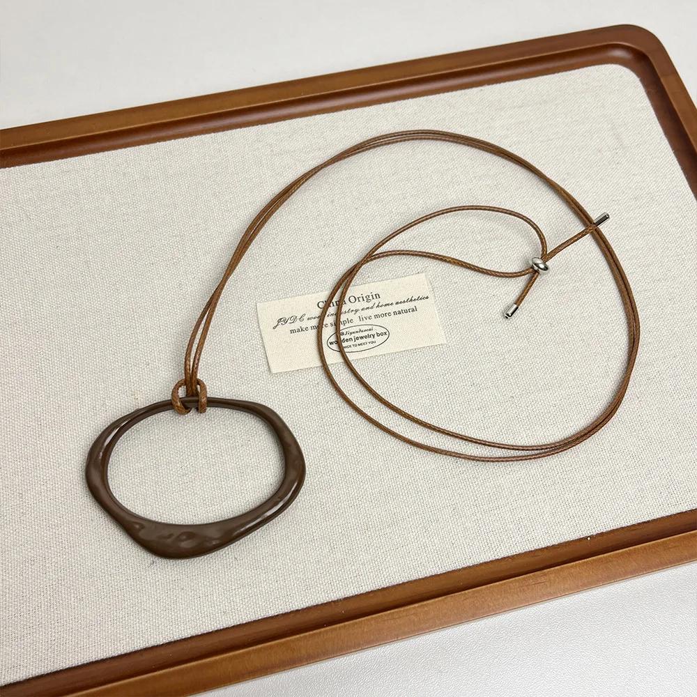 Luxury Irregular Pendant Long Leather Rope Necklace for Women Female Vintage Geometric Adjustable Versatile Sweater Chain