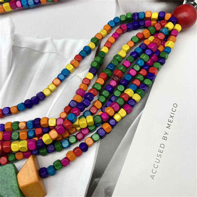 Beach Pastoral Style Wood Ethnic Style Retro Geometry Colorfull Long Necklace Multi-Layer