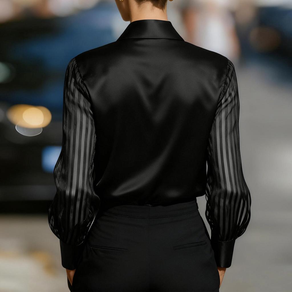 Damen Farbvielfältig Locker Satin Langarm Hemd Top