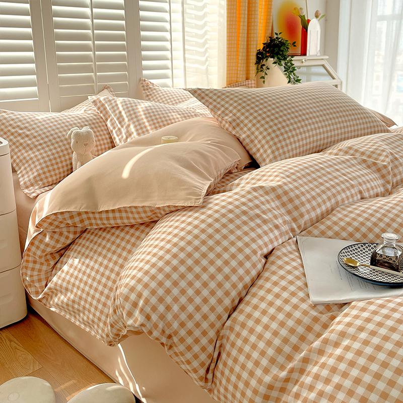 Soft Color Block Checkered Bedding Set Comfy 100% Washed Cotton Blue Plaid Duvet Cover Set King Queen Size Comforter Cover Sheet