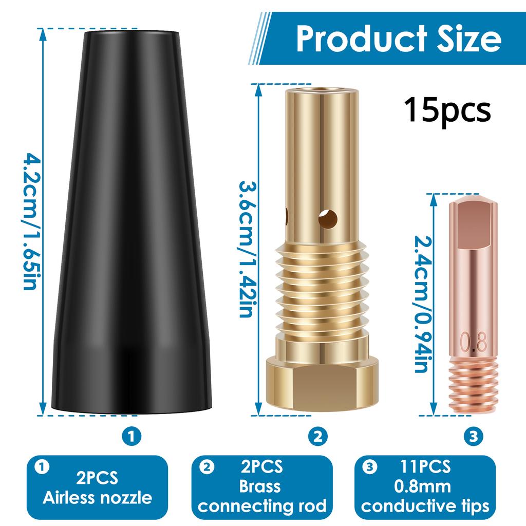 15Pcs Gasless Nozzle Tips Welding Kit 0.8/0.9mm Flux Core Gasless Nozzle Welding Tips Replacement for MIG Welder Welding Tools