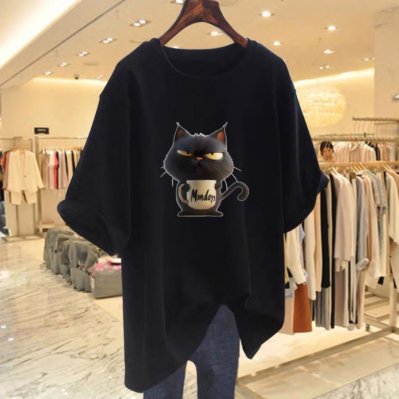 Cartoon Cat Graphic Breathable Round Neck Short Sleeve Women's Casual T-Shirt
