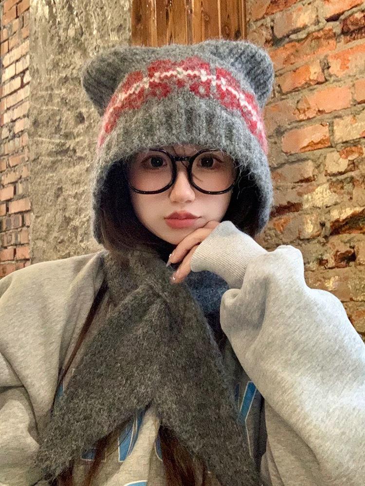 Damen Niedliches Wollmischung Bärenmütze & Schal Set - Winter Warm, Figurbetont & Gestrickt mit Ohrenklappen.