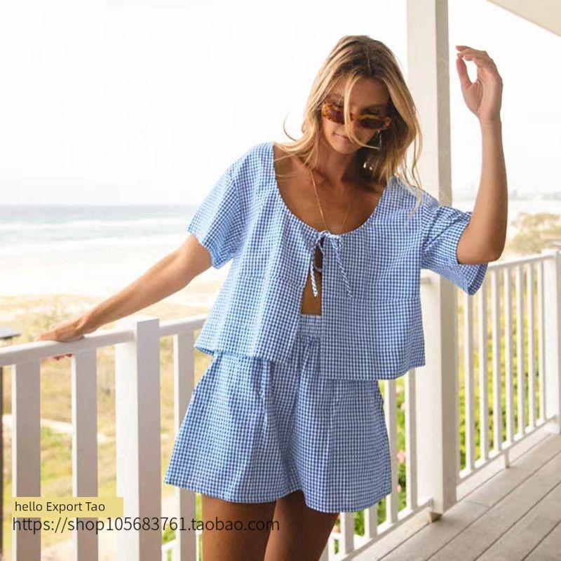 Fashion Wind Bandage Loose Tops Shorts Suit Homewear Checked Top and Shorts Set